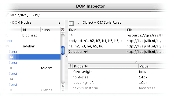 Окно Mozilla DOM Inspector