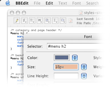Окно редактирования свойств шрифта в BBEdit
